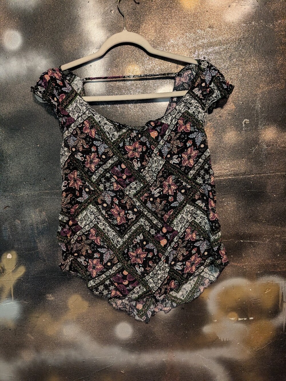 Floral Patchwork Off-Shoulder Women’s Top - Black & Pink